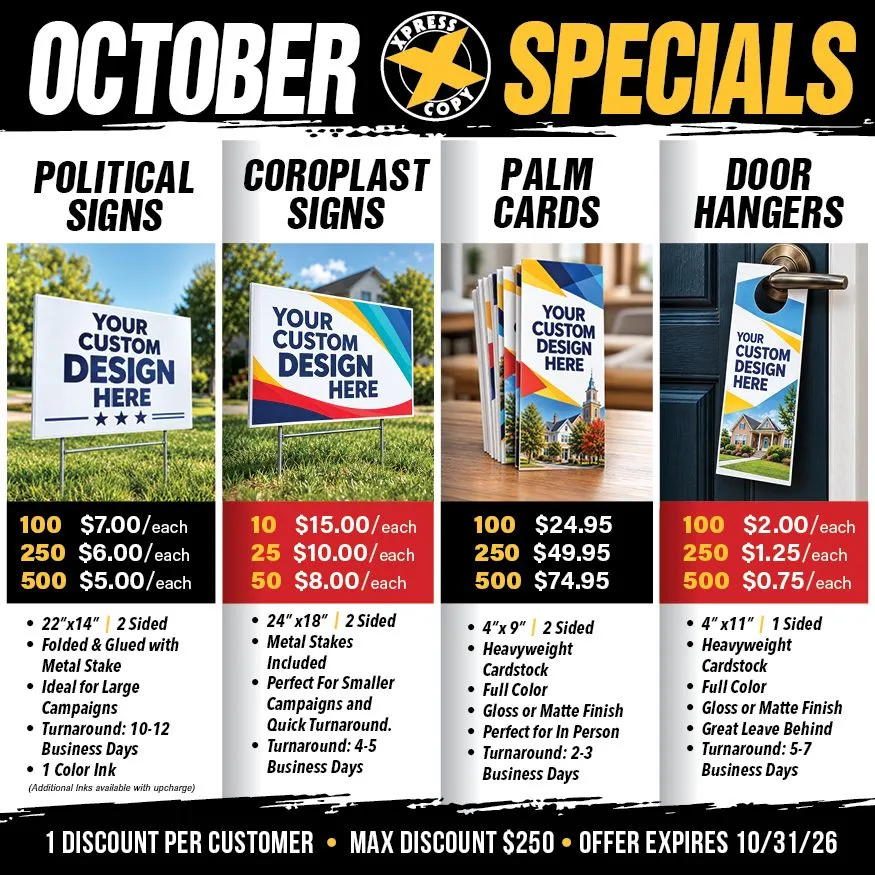 October Specials: Political Signs, Coroplast, Palm Cards & Door Hangers